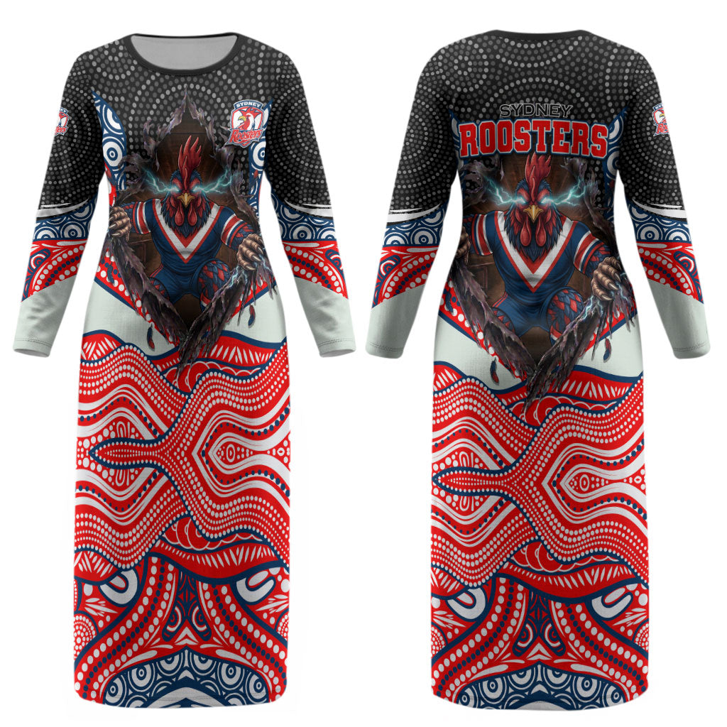 Sydney Roosters Couples Matching Long Sleeve Bodycon Dress and Long Sleeve Button Shirt The Scream of Lightning Eyes - Indigenous Dot Ripping Effect