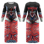 Sydney Roosters Couples Matching Long Sleeve Bodycon Dress and Long Sleeve Button Shirt The Scream of Lightning Eyes - Indigenous Dot Ripping Effect