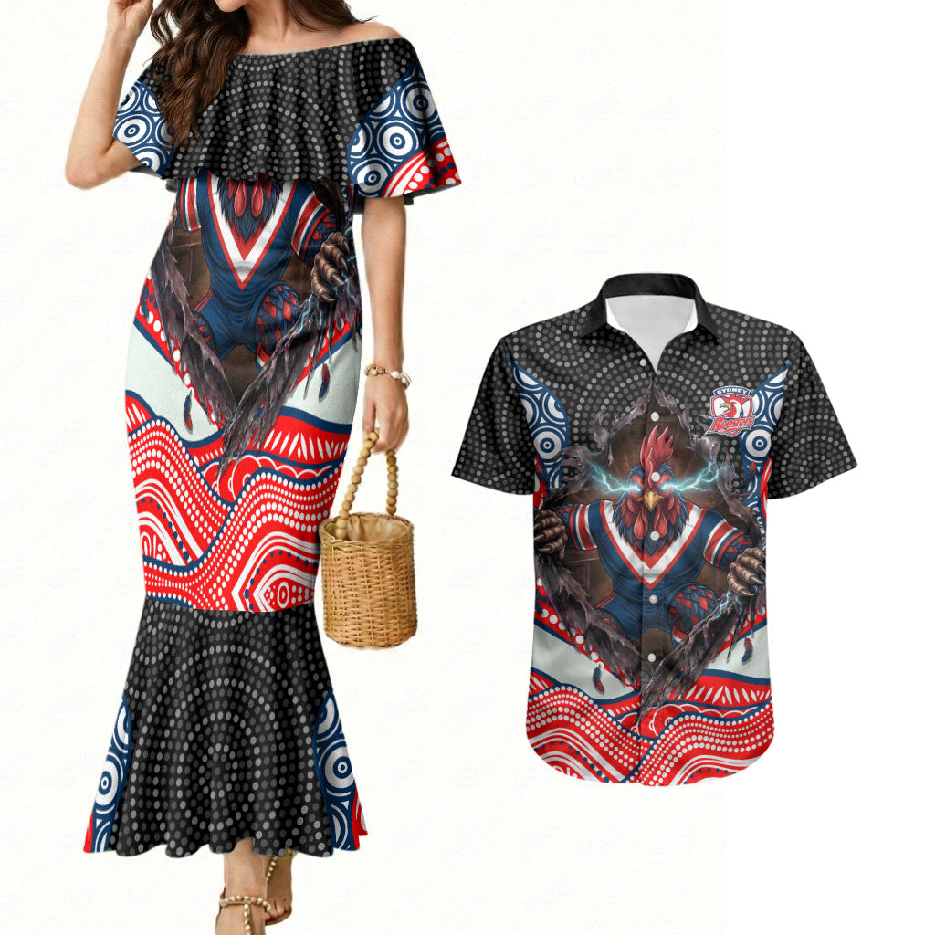 Sydney Roosters Couples Matching Mermaid Dress and Hawaiian Shirt The Scream of Lightning Eyes - Indigenous Dot Ripping Effect