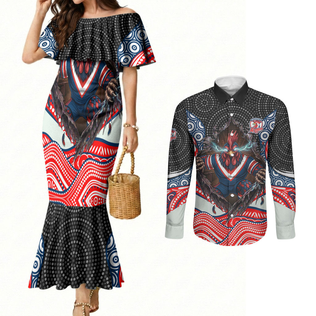 Sydney Roosters Couples Matching Mermaid Dress and Long Sleeve Button Shirt The Scream of Lightning Eyes - Indigenous Dot Ripping Effect