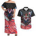 Sydney Roosters Couples Matching Off Shoulder Maxi Dress and Hawaiian Shirt The Scream of Lightning Eyes - Indigenous Dot Ripping Effect