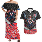 Sydney Roosters Couples Matching Off Shoulder Maxi Dress and Hawaiian Shirt The Scream of Lightning Eyes - Indigenous Dot Ripping Effect