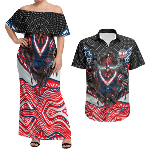 Sydney Roosters Couples Matching Off Shoulder Maxi Dress and Hawaiian Shirt The Scream of Lightning Eyes - Indigenous Dot Ripping Effect