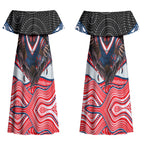Sydney Roosters Couples Matching Off Shoulder Maxi Dress and Hawaiian Shirt The Scream of Lightning Eyes - Indigenous Dot Ripping Effect