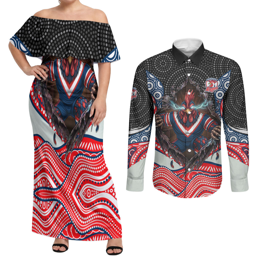 Sydney Roosters Couples Matching Off Shoulder Maxi Dress and Long Sleeve Button Shirt The Scream of Lightning Eyes - Indigenous Dot Ripping Effect