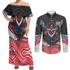 Sydney Roosters Couples Matching Off Shoulder Maxi Dress and Long Sleeve Button Shirt The Scream of Lightning Eyes - Indigenous Dot Ripping Effect