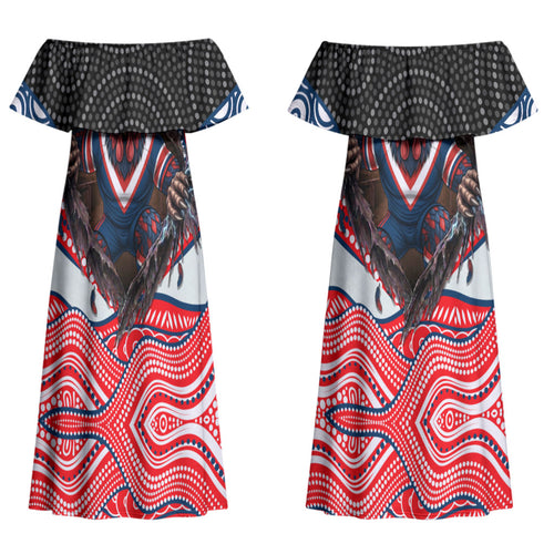 Sydney Roosters Couples Matching Off Shoulder Maxi Dress and Long Sleeve Button Shirt The Scream of Lightning Eyes - Indigenous Dot Ripping Effect