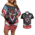 Sydney Roosters Couples Matching Off Shoulder Short Dress and Hawaiian Shirt The Scream of Lightning Eyes - Indigenous Dot Ripping Effect