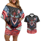 Sydney Roosters Couples Matching Off Shoulder Short Dress and Hawaiian Shirt The Scream of Lightning Eyes - Indigenous Dot Ripping Effect