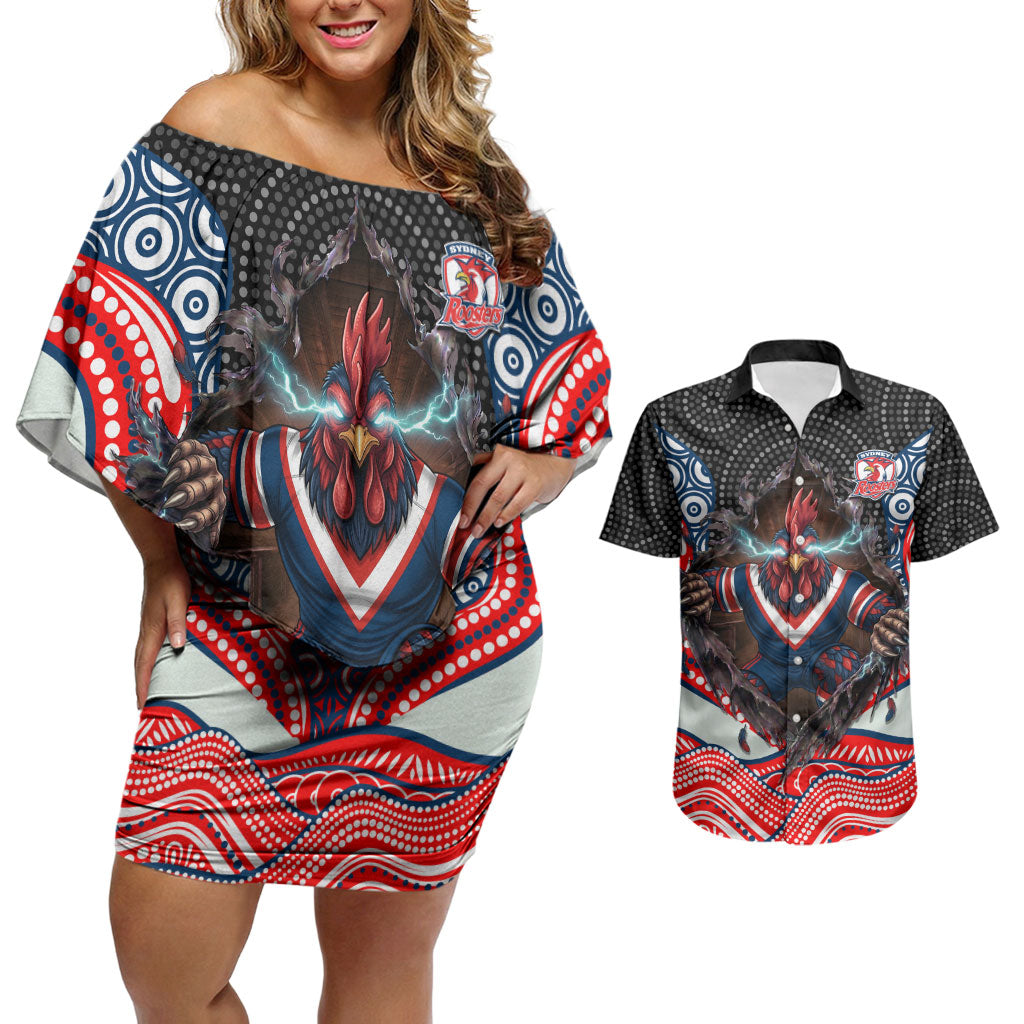 Sydney Roosters Couples Matching Off Shoulder Short Dress and Hawaiian Shirt The Scream of Lightning Eyes - Indigenous Dot Ripping Effect