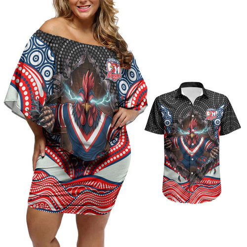 Sydney Roosters Couples Matching Off Shoulder Short Dress and Hawaiian Shirt The Scream of Lightning Eyes - Indigenous Dot Ripping Effect