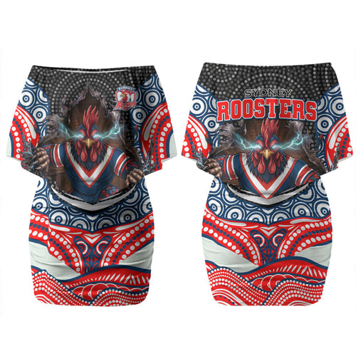 Sydney Roosters Couples Matching Off Shoulder Short Dress and Hawaiian Shirt The Scream of Lightning Eyes - Indigenous Dot Ripping Effect