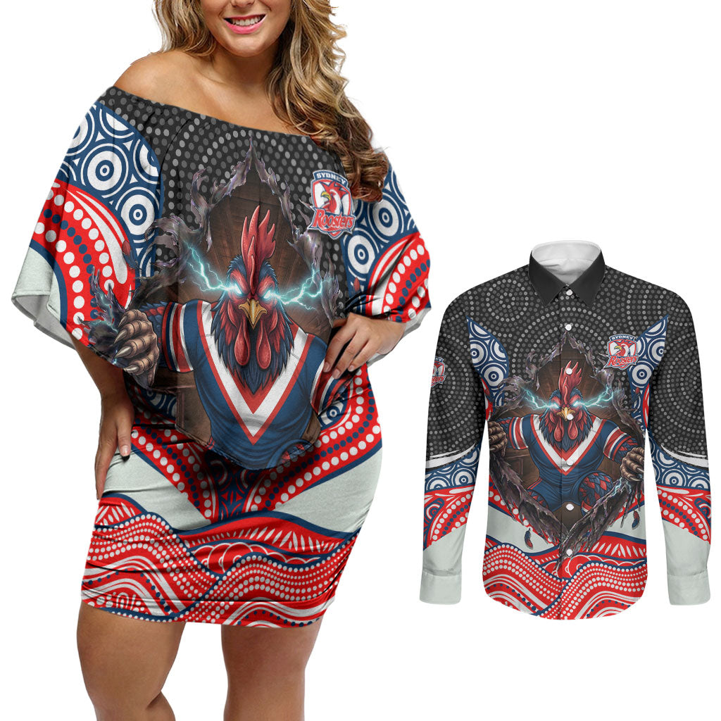 Sydney Roosters Couples Matching Off Shoulder Short Dress and Long Sleeve Button Shirt The Scream of Lightning Eyes - Indigenous Dot Ripping Effect