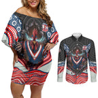 Sydney Roosters Couples Matching Off Shoulder Short Dress and Long Sleeve Button Shirt The Scream of Lightning Eyes - Indigenous Dot Ripping Effect
