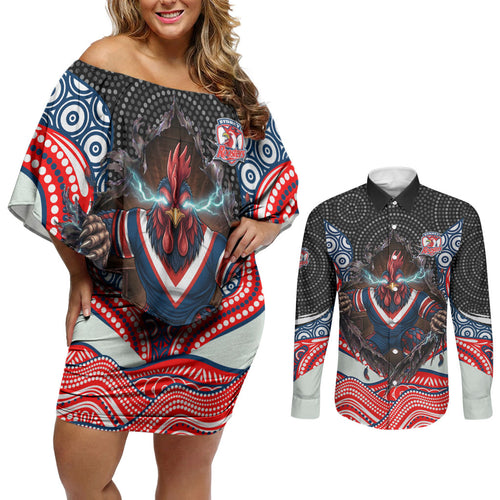 Sydney Roosters Couples Matching Off Shoulder Short Dress and Long Sleeve Button Shirt The Scream of Lightning Eyes - Indigenous Dot Ripping Effect