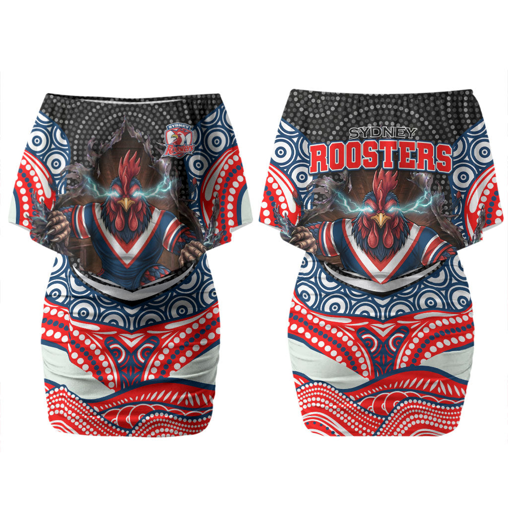 Sydney Roosters Couples Matching Off Shoulder Short Dress and Long Sleeve Button Shirt The Scream of Lightning Eyes - Indigenous Dot Ripping Effect