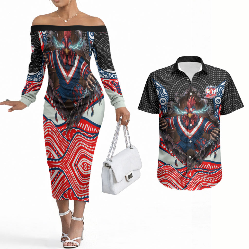Sydney Roosters Couples Matching Off The Shoulder Long Sleeve Dress and Hawaiian Shirt The Scream of Lightning Eyes - Indigenous Dot Ripping Effect