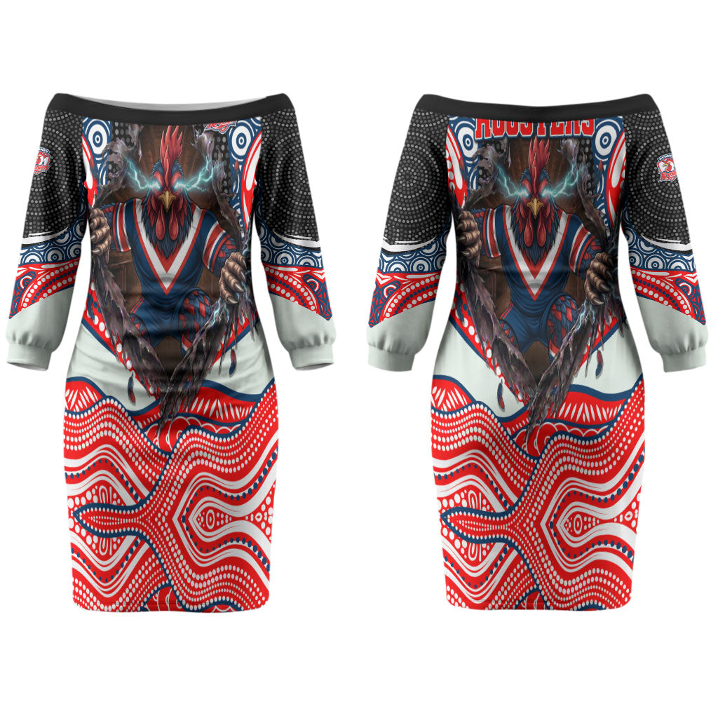 Sydney Roosters Couples Matching Off The Shoulder Long Sleeve Dress and Hawaiian Shirt The Scream of Lightning Eyes - Indigenous Dot Ripping Effect