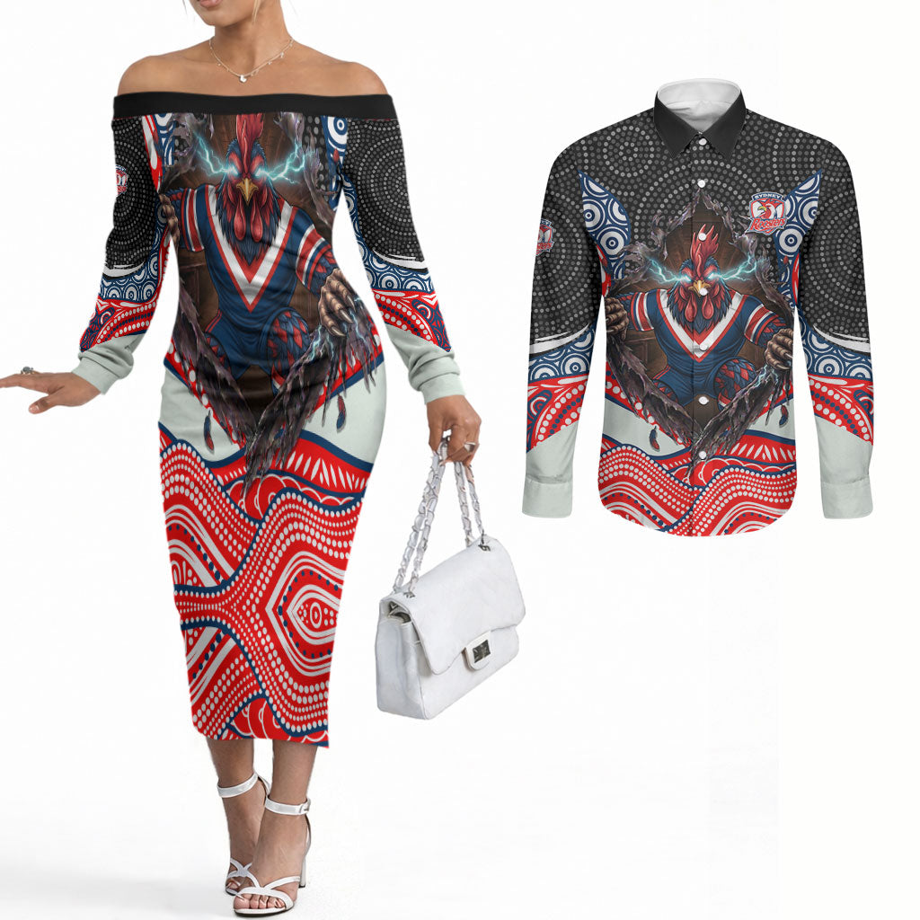 Sydney Roosters Couples Matching Off The Shoulder Long Sleeve Dress and Long Sleeve Button Shirt The Scream of Lightning Eyes - Indigenous Dot Ripping Effect
