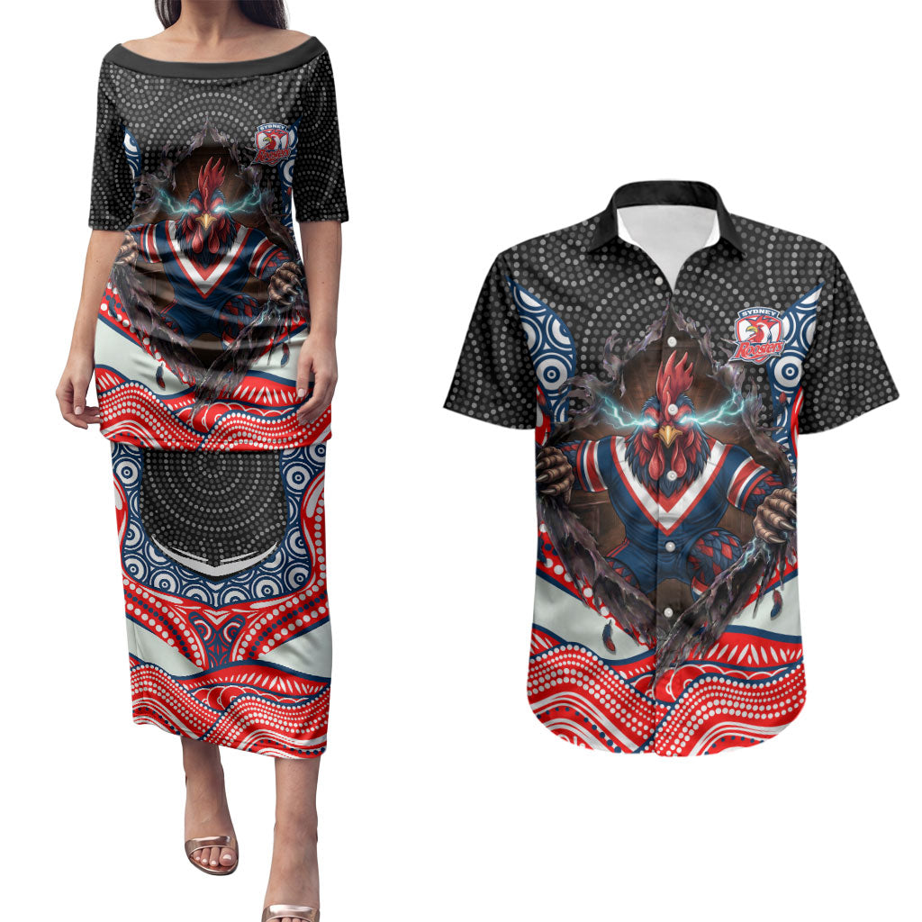 Sydney Roosters Couples Matching Puletasi and Hawaiian Shirt The Scream of Lightning Eyes - Indigenous Dot Ripping Effect