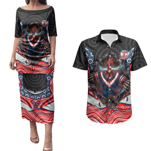 Sydney Roosters Couples Matching Puletasi and Hawaiian Shirt The Scream of Lightning Eyes - Indigenous Dot Ripping Effect