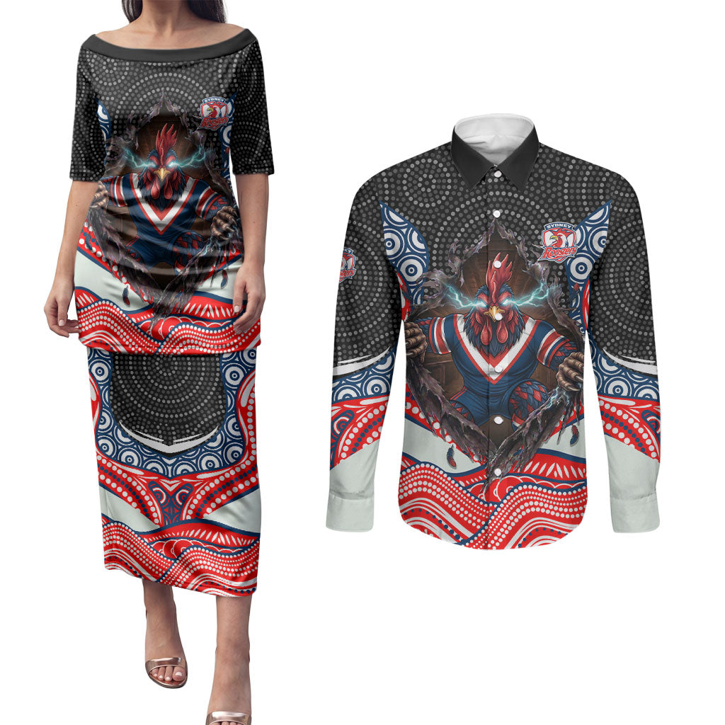 Sydney Roosters Couples Matching Puletasi and Long Sleeve Button Shirt The Scream of Lightning Eyes - Indigenous Dot Ripping Effect