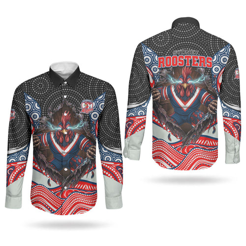 Sydney Roosters Couples Matching Puletasi and Long Sleeve Button Shirt The Scream of Lightning Eyes - Indigenous Dot Ripping Effect