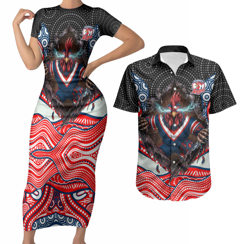 Sydney Roosters Couples Matching Short Sleeve Bodycon Dress and Hawaiian Shirt The Scream of Lightning Eyes - Indigenous Dot Ripping Effect