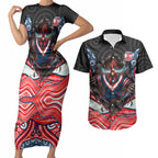 Sydney Roosters Couples Matching Short Sleeve Bodycon Dress and Hawaiian Shirt The Scream of Lightning Eyes - Indigenous Dot Ripping Effect