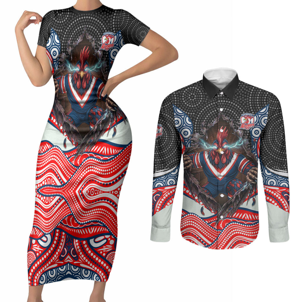 Sydney Roosters Couples Matching Short Sleeve Bodycon Dress and Long Sleeve Button Shirt The Scream of Lightning Eyes - Indigenous Dot Ripping Effect