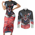 Sydney Roosters Couples Matching Short Sleeve Bodycon Dress and Long Sleeve Button Shirt The Scream of Lightning Eyes - Indigenous Dot Ripping Effect
