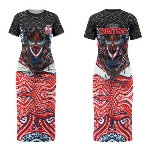 Sydney Roosters Couples Matching Short Sleeve Bodycon Dress and Long Sleeve Button Shirt The Scream of Lightning Eyes - Indigenous Dot Ripping Effect