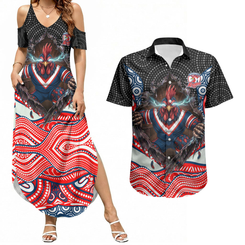Sydney Roosters Couples Matching Summer Maxi Dress and Hawaiian Shirt The Scream of Lightning Eyes - Indigenous Dot Ripping Effect