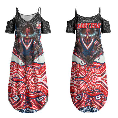 Sydney Roosters Couples Matching Summer Maxi Dress and Hawaiian Shirt The Scream of Lightning Eyes - Indigenous Dot Ripping Effect