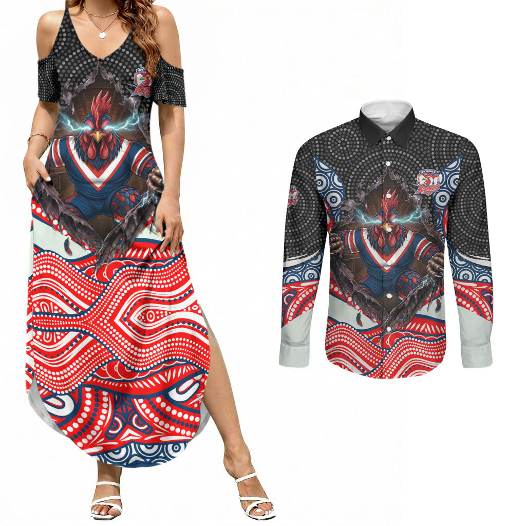 Sydney Roosters Couples Matching Summer Maxi Dress and Long Sleeve Button Shirt The Scream of Lightning Eyes - Indigenous Dot Ripping Effect