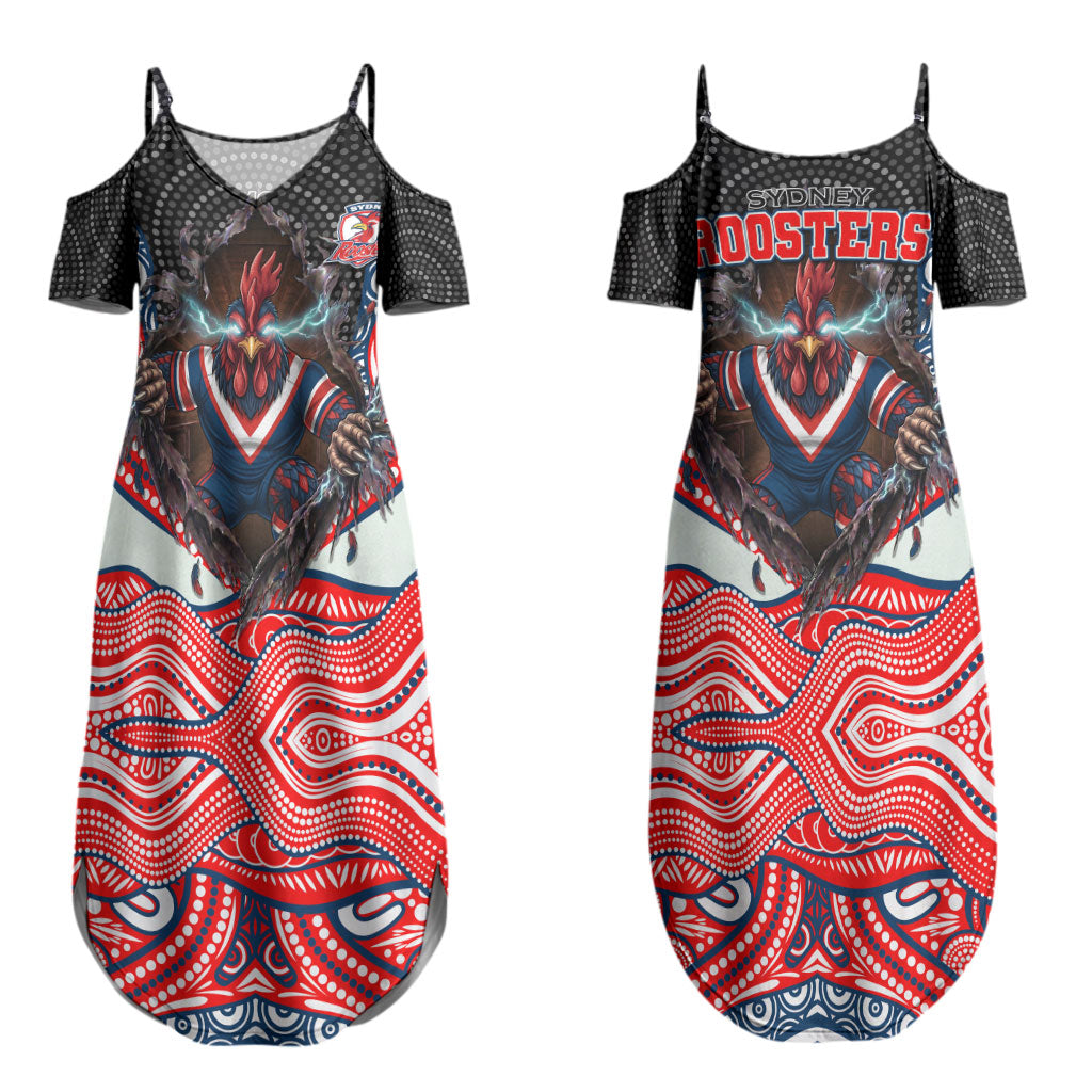 Sydney Roosters Couples Matching Summer Maxi Dress and Long Sleeve Button Shirt The Scream of Lightning Eyes - Indigenous Dot Ripping Effect