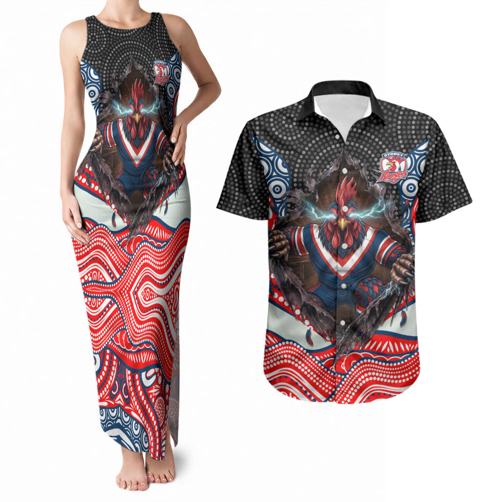 Sydney Roosters Couples Matching Tank Maxi Dress and Hawaiian Shirt The Scream of Lightning Eyes - Indigenous Dot Ripping Effect