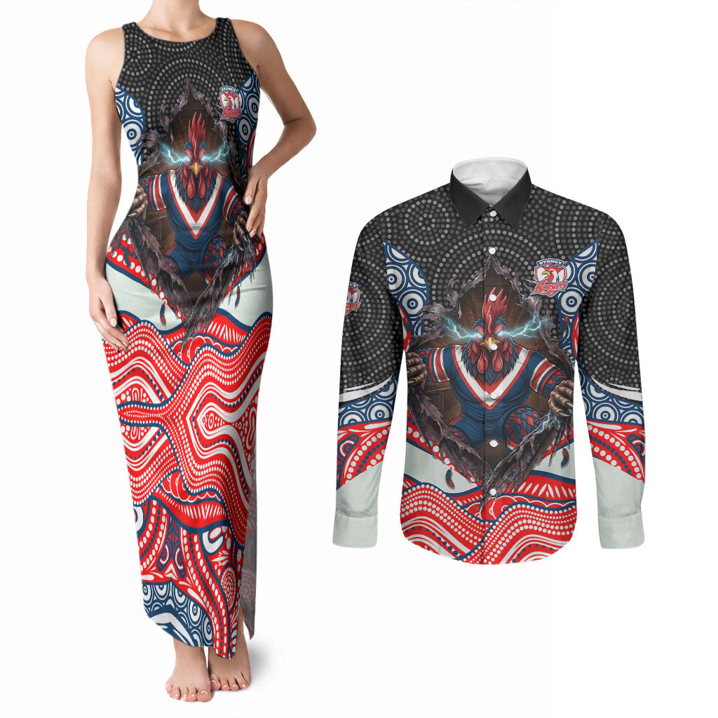 Sydney Roosters Couples Matching Tank Maxi Dress and Long Sleeve Button Shirt The Scream of Lightning Eyes - Indigenous Dot Ripping Effect