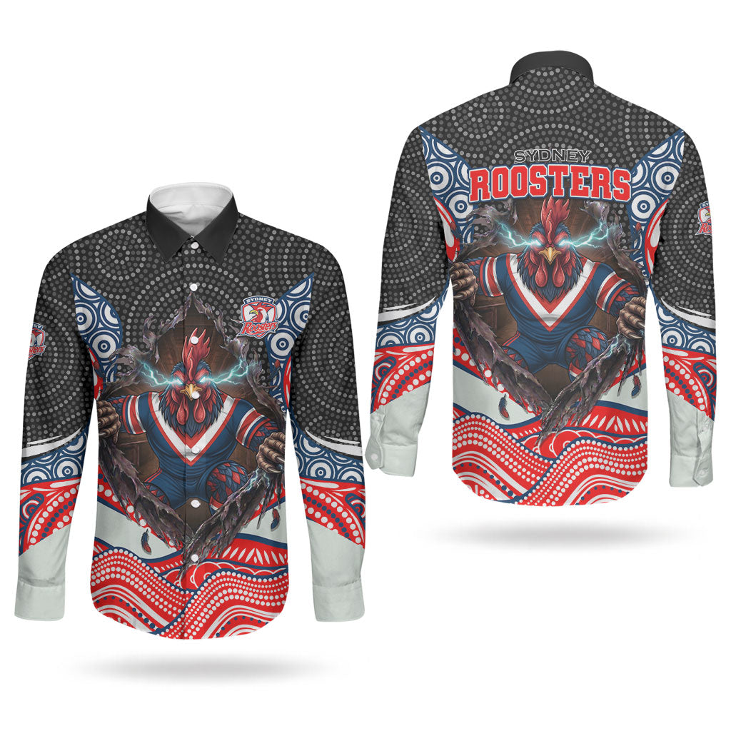 Sydney Roosters Couples Matching Tank Maxi Dress and Long Sleeve Button Shirt The Scream of Lightning Eyes - Indigenous Dot Ripping Effect