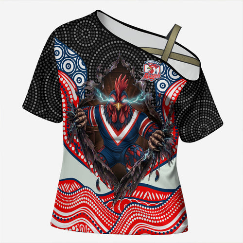 Sydney Roosters Cross Shoulder Shirt The Scream of Lightning Eyes - Indigenous Dot Ripping Effect