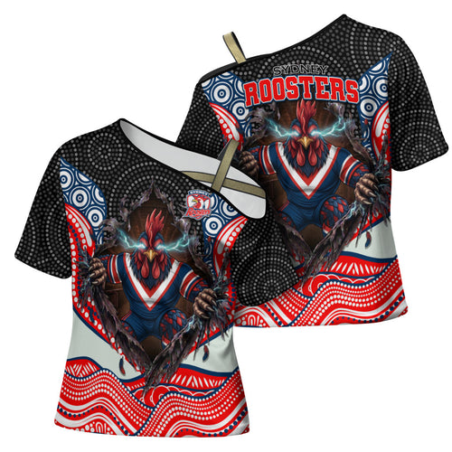 Sydney Roosters Cross Shoulder Shirt The Scream of Lightning Eyes - Indigenous Dot Ripping Effect