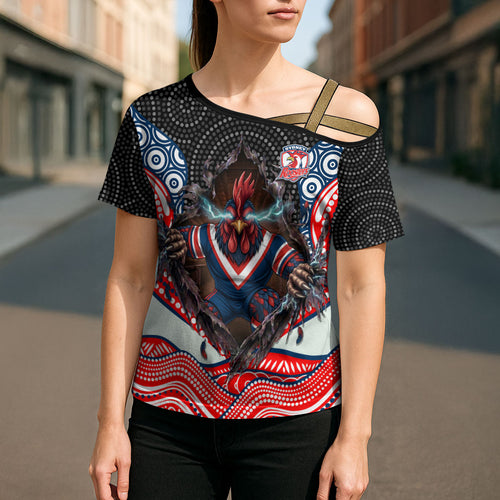 Sydney Roosters Cross Shoulder Shirt The Scream of Lightning Eyes - Indigenous Dot Ripping Effect