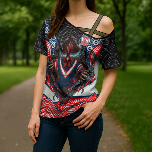 Sydney Roosters Cross Shoulder Shirt The Scream of Lightning Eyes - Indigenous Dot Ripping Effect