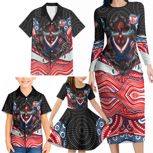 Sydney Roosters Family Matching Long Sleeve Bodycon Dress and Hawaiian Shirt The Scream of Lightning Eyes - Indigenous Dot Ripping Effect