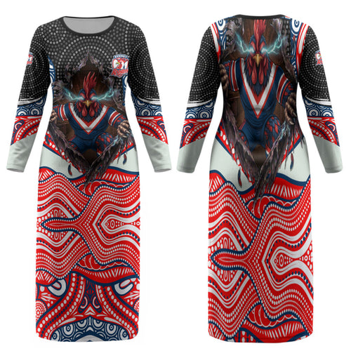 Sydney Roosters Family Matching Long Sleeve Bodycon Dress and Hawaiian Shirt The Scream of Lightning Eyes - Indigenous Dot Ripping Effect