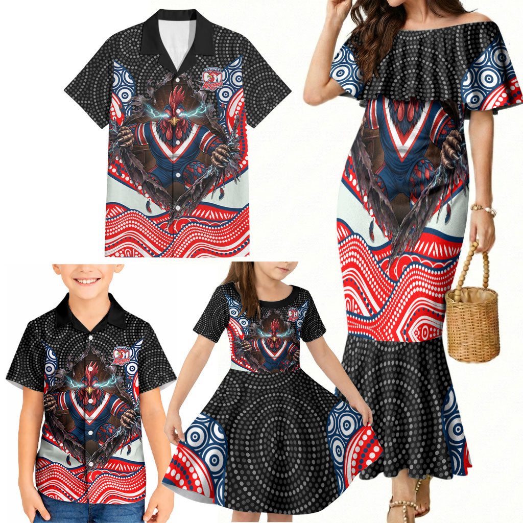 Sydney Roosters Family Matching Mermaid Dress and Hawaiian Shirt The Scream of Lightning Eyes - Indigenous Dot Ripping Effect