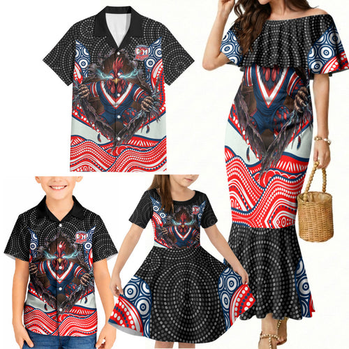 Sydney Roosters Family Matching Mermaid Dress and Hawaiian Shirt The Scream of Lightning Eyes - Indigenous Dot Ripping Effect