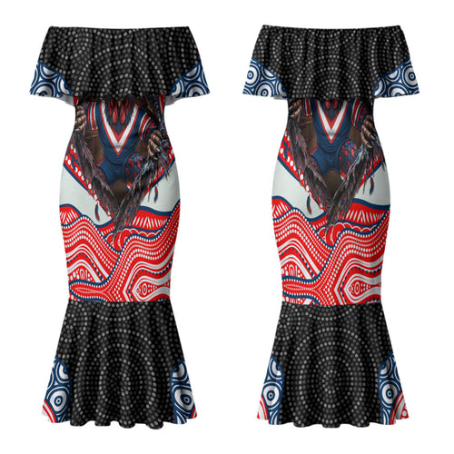 Sydney Roosters Family Matching Mermaid Dress and Hawaiian Shirt The Scream of Lightning Eyes - Indigenous Dot Ripping Effect