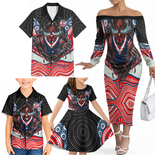 Sydney Roosters Family Matching Off The Shoulder Long Sleeve Dress and Hawaiian Shirt The Scream of Lightning Eyes - Indigenous Dot Ripping Effect