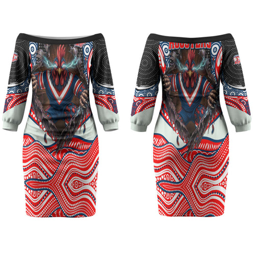 Sydney Roosters Family Matching Off The Shoulder Long Sleeve Dress and Hawaiian Shirt The Scream of Lightning Eyes - Indigenous Dot Ripping Effect